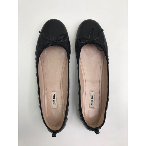 Miu Miu Leather Ballet Bow Rhinestone Heel Flat Shoe Black Size 41 - Picture 4 of 7